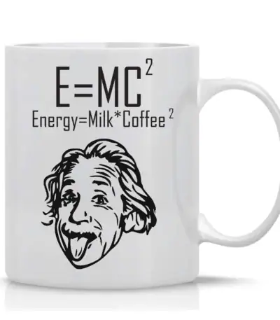 Tasse en céramique avec illustration d'Einstein et la formule célèbre E=MC², humoristique et scientifique, idéale pour les amateurs de science et de physique.