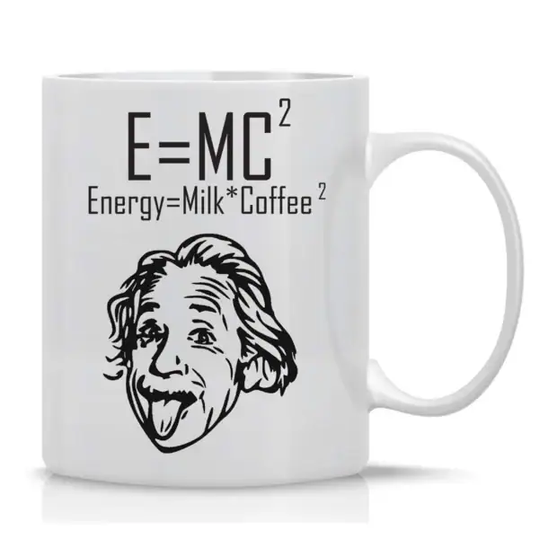 Tasse en céramique avec illustration d'Einstein et la formule célèbre E=MC², humoristique et scientifique, idéale pour les amateurs de science et de physique.