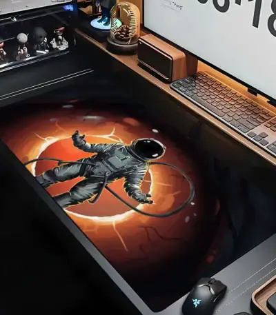 Illustration d'un astronaute flottant dans l'espace avec un fond de soleil éclatant, évoquant la science et l'exploration spatiale.