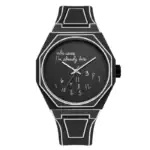 Montre à design scientifique avec cadran noir et inscription humoristique "Who cares, I'm already late", idéale pour les amateurs de science et de décoration originale.
