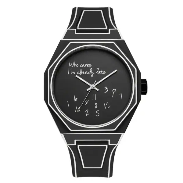 Montre à design scientifique avec cadran noir et inscription humoristique "Who cares, I'm already late", idéale pour les amateurs de science et de décoration originale.
