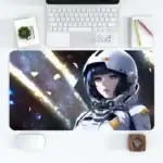 Panneau de clavier, souris, et accessoires de bureau sur un bureau blanc avec un tapis de souris illustrant un astronaute dans l'espace.