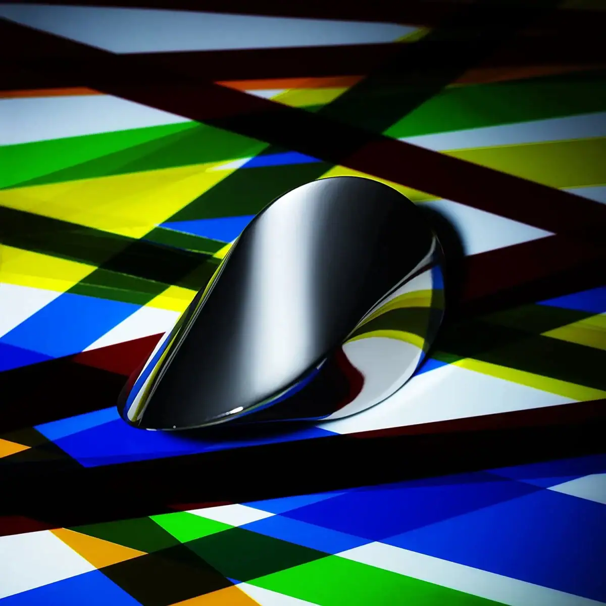 Pointeur de souris noir brillant placé sur un fond coloré abstrait avec des lignes diagonales multicolores.
