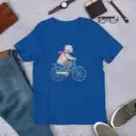 T-shirt bleu avec illustration d'une femme âgée à vélo, style cartoon, parfait pour les amateurs de science et de design original.
