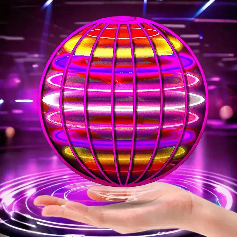 Boule lumineuse futuriste en néons roses, violets et jaunes, flottant au-dessus d'une main dans un environnement technologique et lumineux.