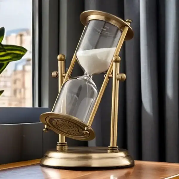 Sablier décoratif en laiton avec sable blanc, idéal pour la décoration intérieure ou comme objet de collection scientifique.