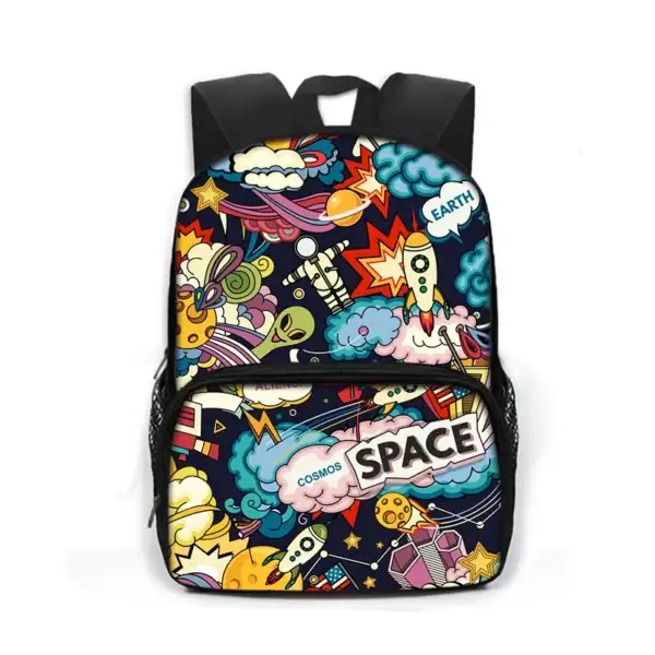 Sac à dos enfant avec motifs cosmos, fusée, planètes et étoiles, parfait pour les amateurs d'espace et de science.