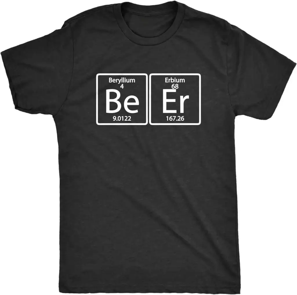 T-shirt noir avec design scientifique représentant les symboles chimiques de Beryllium (Be) et Erbium (Er), illustrant la fusion de la science et de la mode.