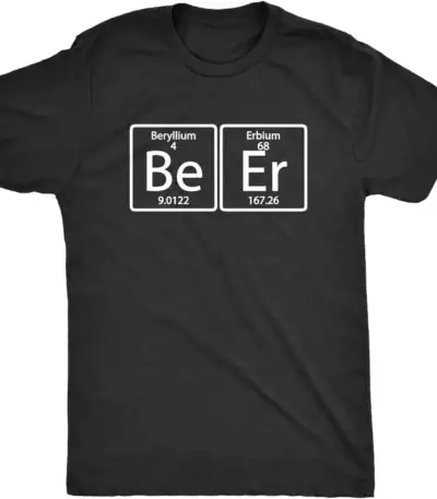 T-shirt noir avec design scientifique représentant les symboles chimiques de Beryllium (Be) et Erbium (Er), illustrant la fusion de la science et de la mode.