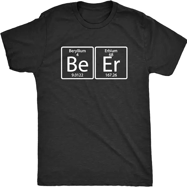 T-shirt noir avec design scientifique représentant les symboles chimiques de Beryllium (Be) et Erbium (Er), illustrant la fusion de la science et de la mode.