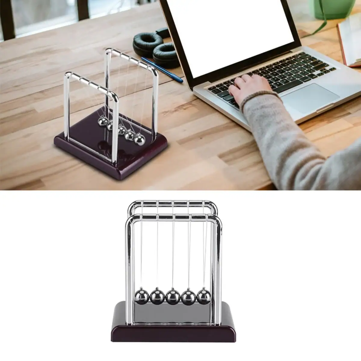 Pendulette Newton en métal avec base en bois foncé, utilisée pour démonstrations scientifiques ou comme décoration de bureau.