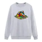 Sweat-shirt gris avec un cube de Rubik fondant, design artistique et coloré, parfait pour les amateurs de science et de décoration geek.