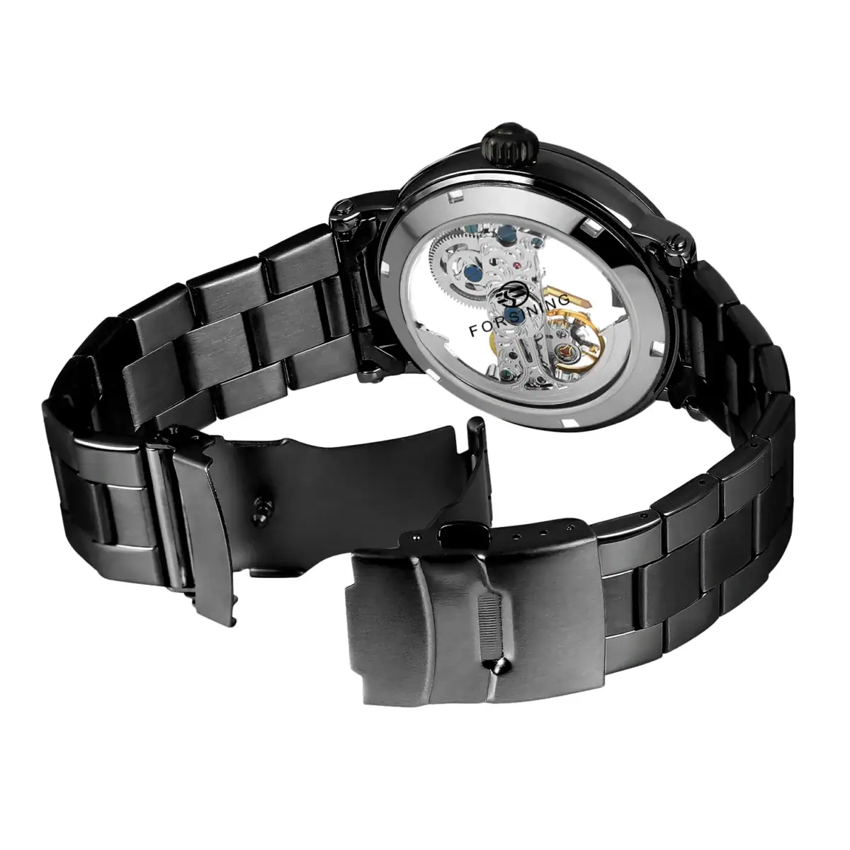 Montre mécanique pour homme avec bracelet en acier noir et mouvement visible à travers le cadran transparent. Design moderne et sophistiqué, parfait pour les amateurs de style industriel.