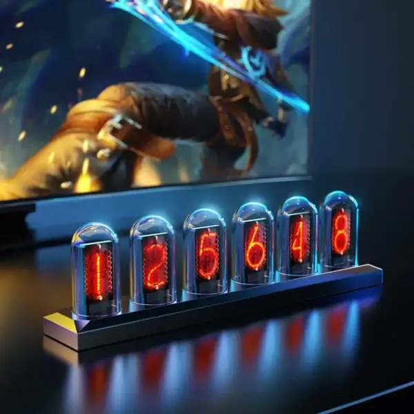 Porte-numéros lumineux à tubes néon avec chiffres rouges, affichant une séquence numérique. Idéal pour décoration scientifique ou industrielle, apportant une touche rétro et moderne.
