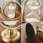 Sablier décoratif en métal doré avec verre transparent, parfait pour la décoration intérieure ou comme objet de collection. Design élégant et moderne, idéal pour les amateurs de pièces origin.