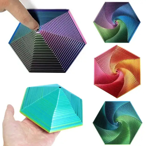 Hexagone en spirale colorée en plastique 3D, objet scientifique décoratif, avec motifs géométriques en dégradé de couleurs vives, idéal pour la décoration ou l'étude de formes.