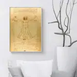 Reproduction de l'esquisse de la Vitruve de Léonard de Vinci, illustrant les proportions idéales du corps humain dans un style artistique ancien.