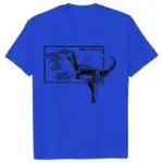 T-shirt bleu avec illustration d’un dinosaure et texte scientifique sur la physique des dinosaures, parfait pour les amateurs de science et de mode décontractée.