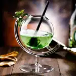 Bocal de laboratoire en verre contenant une boisson verte gazeuse, avec une paille noire, posé sur une table en bois, décor scientifique en arrière-plan.
