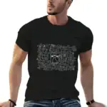 T-shirt noir avec illustration de formule scientifique et chat, style décontracté pour amateurs de science et de chats.