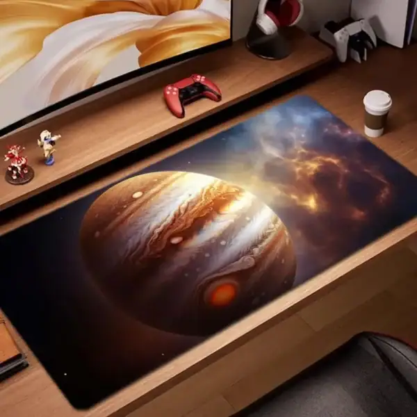 Tapis de bureau avec image de Jupiter et de l'espace, parfait pour les amateurs d'astronomie et de science. Ajoutez une touche cosmique à votre espace de travail ou de jeu avec ce tapis unique.