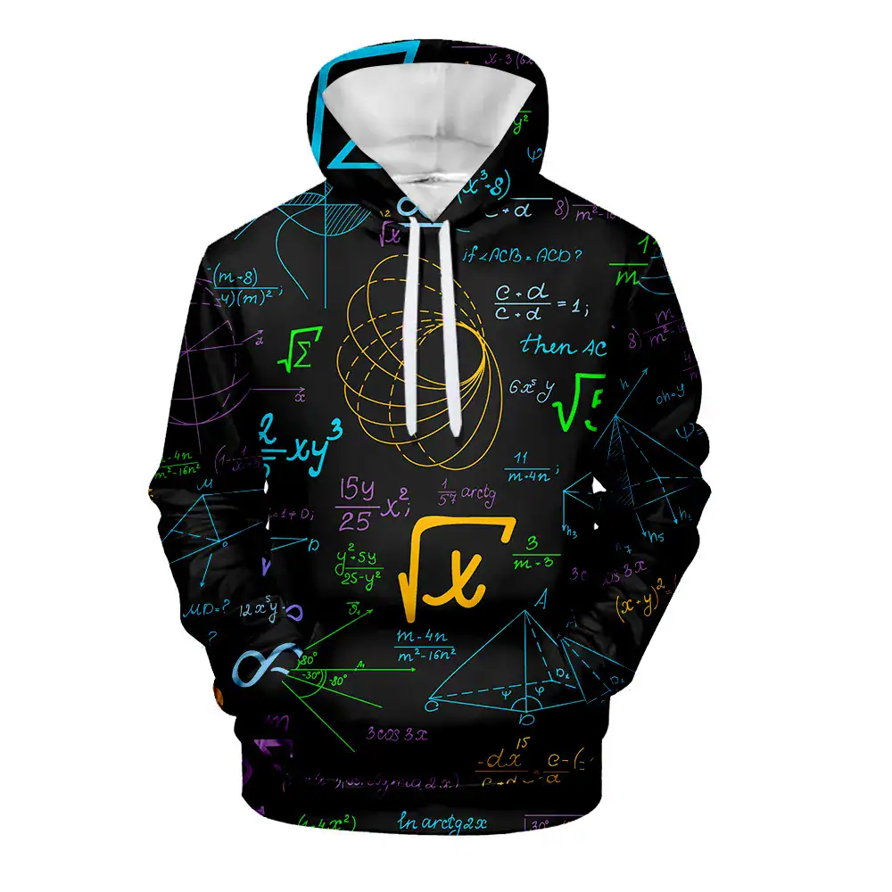 Vêtement à capuche avec motifs de formules mathématiques et équations scientifiques, parfait pour les amateurs de sciences et d'éducation.