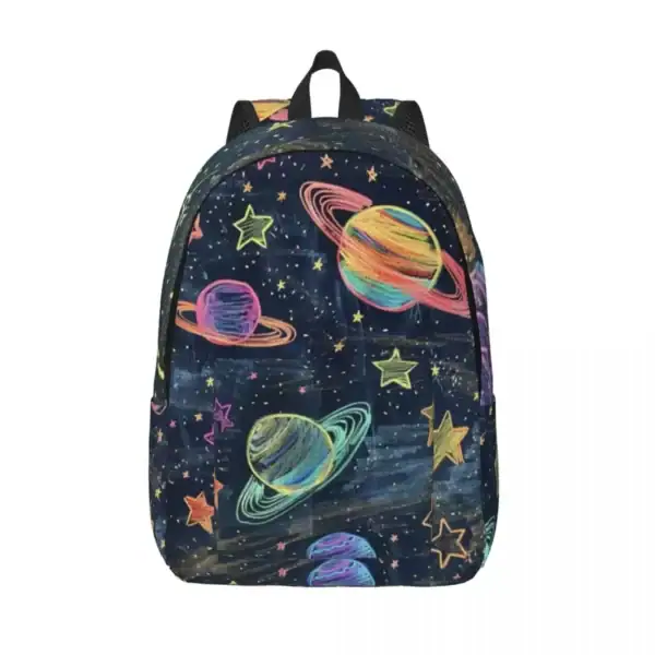 Sac à dos avec motif planètes et étoiles colorées sur fond noir, idéal pour les amateurs d'astronomie et de sciences. Parfait pour l'école ou les activités en plein air.