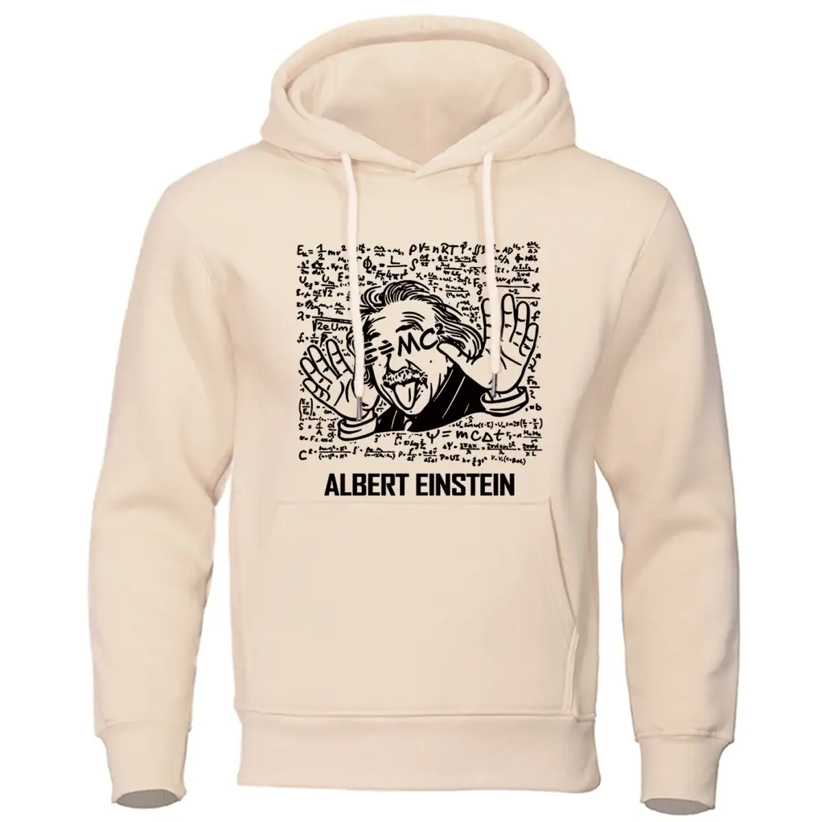 Sweat à capuche blanc avec illustration d'Albert Einstein faisant un geste de la main, entouré d'équations scientifiques, parfait pour les amateurs de science et de décoration geek.
