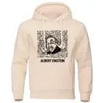 Sweat à capuche blanc avec illustration d'Albert Einstein faisant un geste de la main, entouré d'équations scientifiques, parfait pour les amateurs de science et de décoration geek.