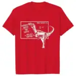 T-shirt rouge avec illustration d’un dinosaure et notes de physique, parfait pour les amateurs de science et de dinosaures.