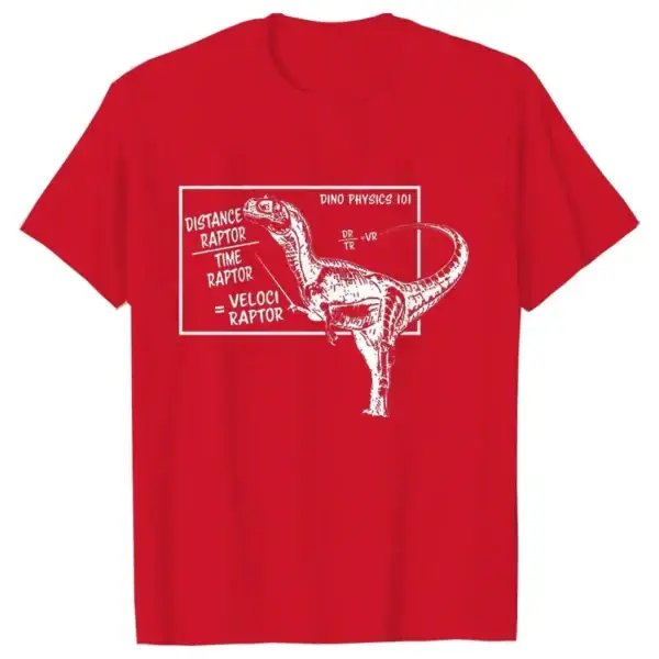 T-shirt rouge avec illustration d’un dinosaure et notes de physique, parfait pour les amateurs de science et de dinosaures.
