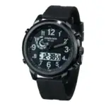 Montre homme avec affichage numérique et analogique, boîtier noir, étanche 50m, design sportif et moderne.