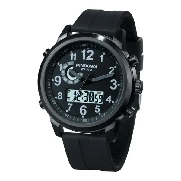Montre homme avec affichage numérique et analogique, boîtier noir, étanche 50m, design sportif et moderne.