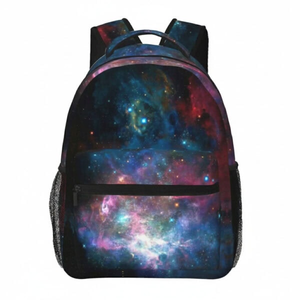 Sac à dos avec motif galaxie, design cosmique, idéal pour étudiants et amateurs d'astronomie.