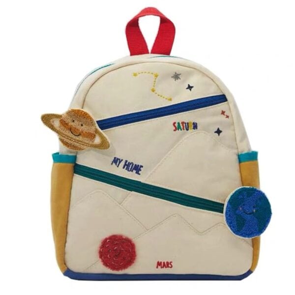 Sac à dos enfant avec thème spatial, décorations de planètes et étoiles, idéal pour l'école ou les activités ludiques.