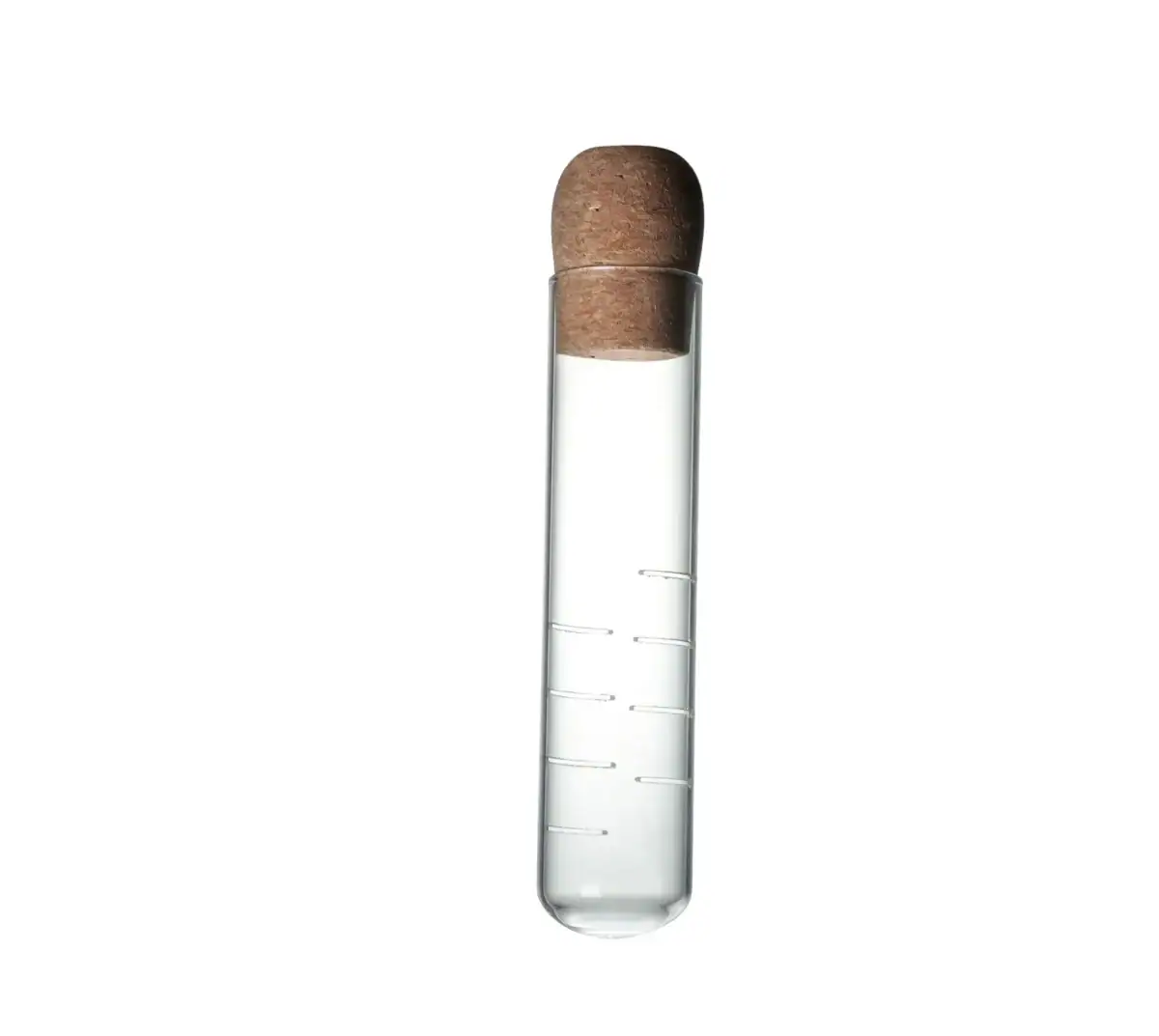 Pipette en verre avec bouchon en liège, utilisée pour des expériences scientifiques ou comme objet de décoration scientifique.