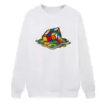 Sweat-shirt blanc avec un design de cube de Rubik fondant sur une surface colorée, style artistique et moderne, parfait pour les amateurs de science et de décoration geek.