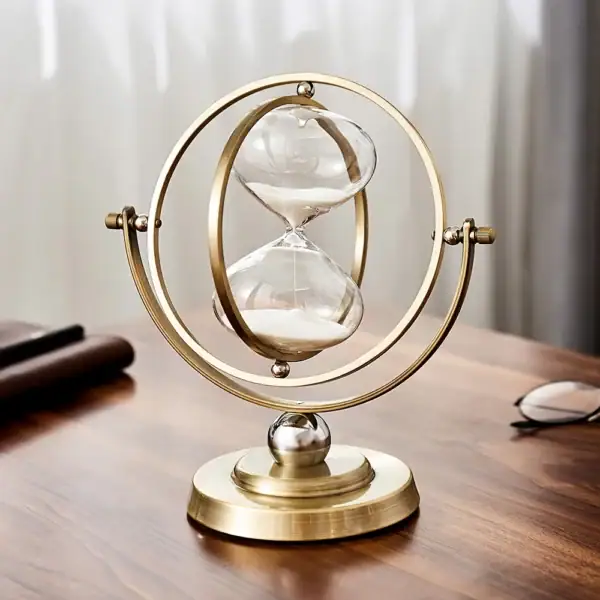 Sablier scientifique décoratif en métal doré avec deux ampoules de verre, symbole du temps et de la science, idéal pour la décoration de bureau ou d'étagère.