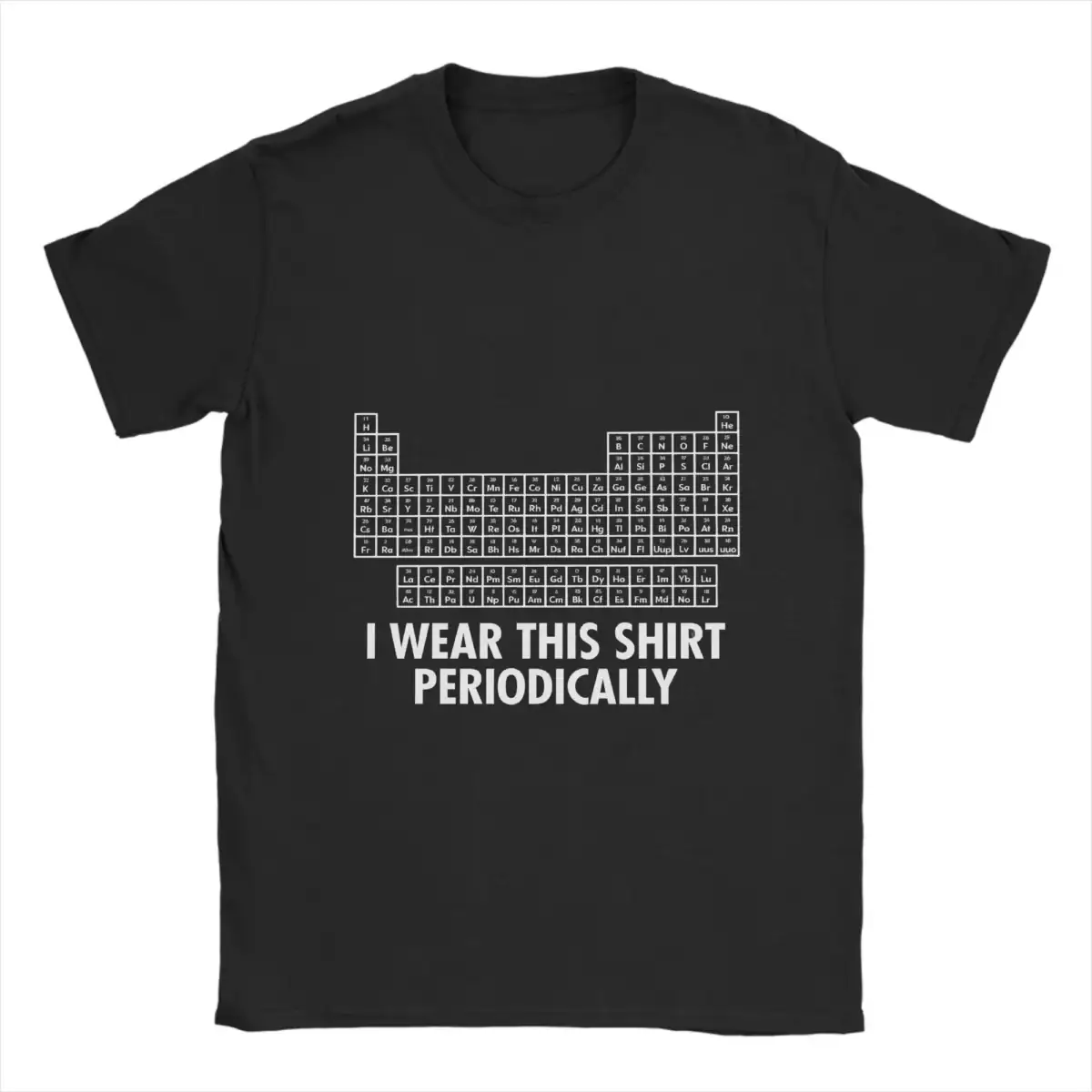 T-shirt avec tableau périodique des éléments et texte "Je le porte périodiquement" pour les amateurs de chimie.