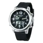 Montre scientifique avec affichage numérique et analogique, étanche jusqu'à 50 mètres, design moderne avec bracelet en silicone noir.