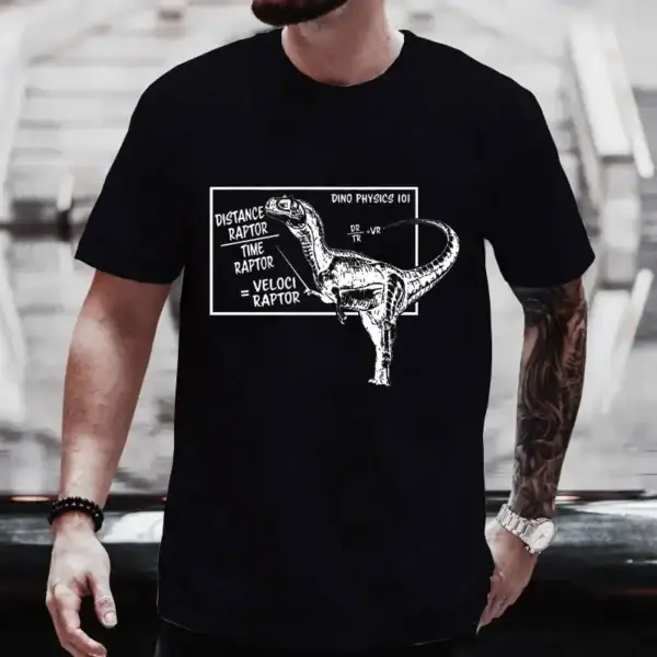 T-shirt noir avec illustration d'un dinosaure et notes scientifiques sur la physique et la vitesse, parfait pour les amateurs de science et de dinosaures.