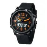 Montre scientifique avec affichage analogique et numérique, boîtier noir robuste, bracelet en silicone, parfait pour les amateurs de sciences et d'aventure.