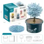 Arbre magique en cristal de glace dans un pot, avec boîte d'emballage, parfait pour décoration scientifique ou cadeau éducatif.