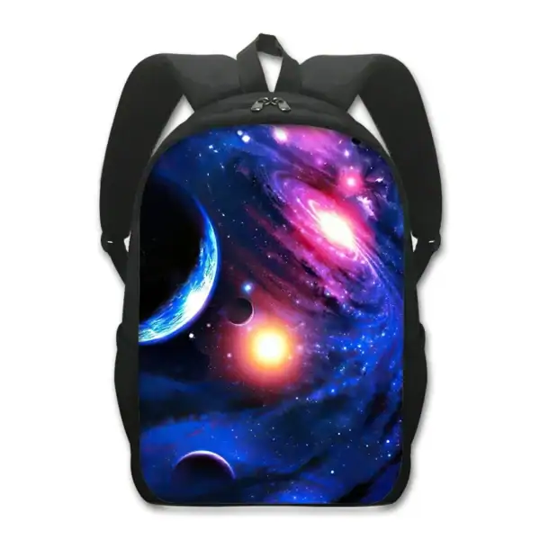 Sac à dos d'école avec motif galaxie représentant des planètes et des étoiles dans l'espace, idéal pour les étudiants passionnés d'astronomie et de sciences.
