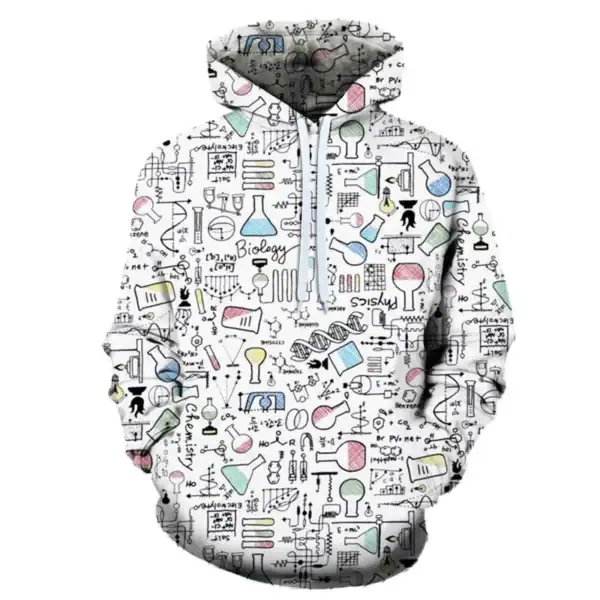Vêtement à capuche avec motifs de symboles et instruments scientifiques et biologiques. Design original pour passionnés de science et de recherche.