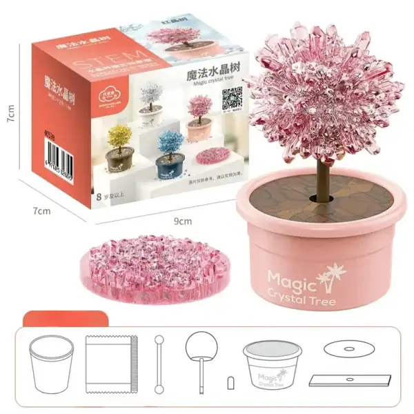 Arbre en cristal magique dans un pot rose, décoration scientifique et ludique pour la maison ou le bureau, avec kit d'assemblage inclus.