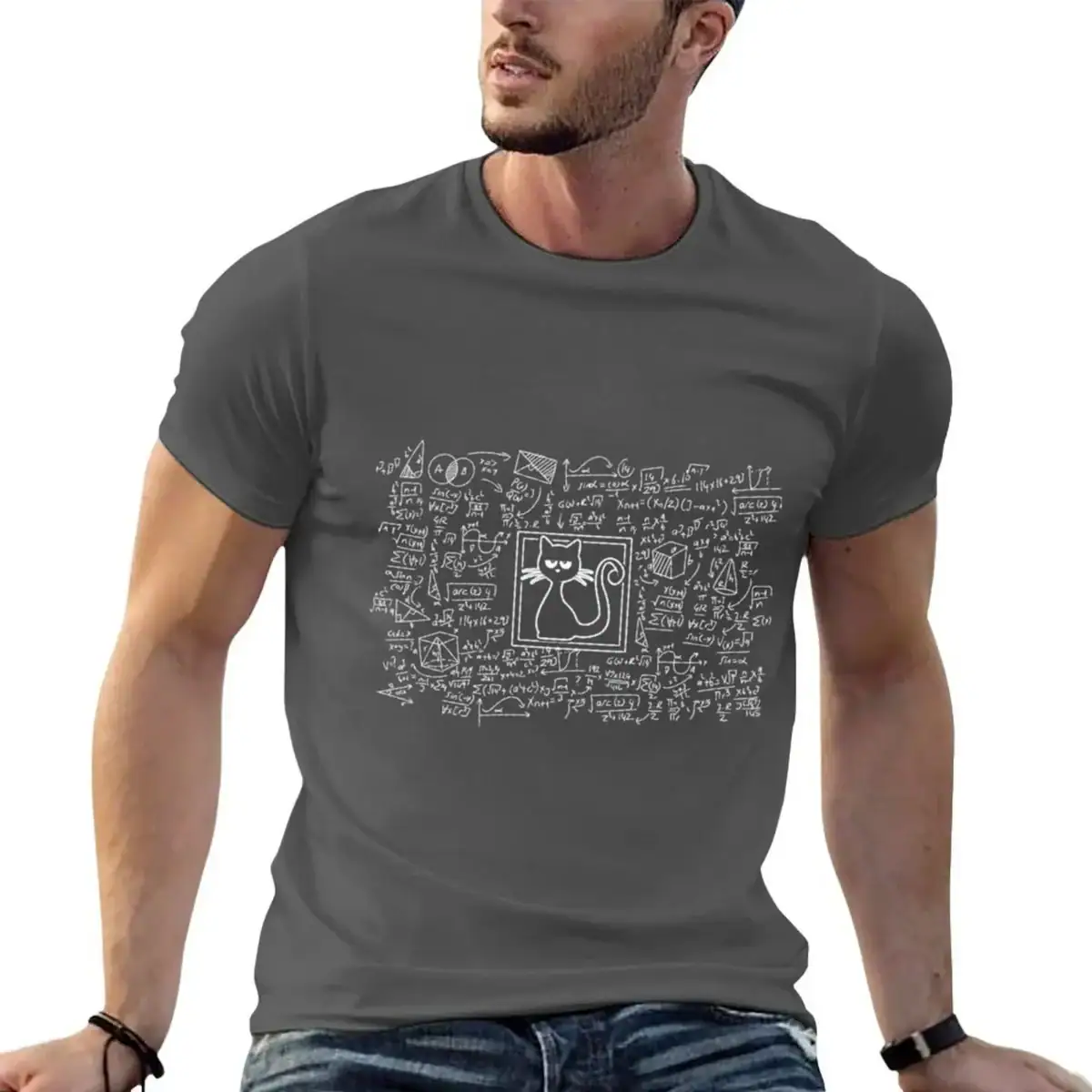 T-shirt gris à motif scientifique avec un chat dessiné au centre, entouré de symboles et d'équations. Parfait pour les amateurs de science et de décoration geek.