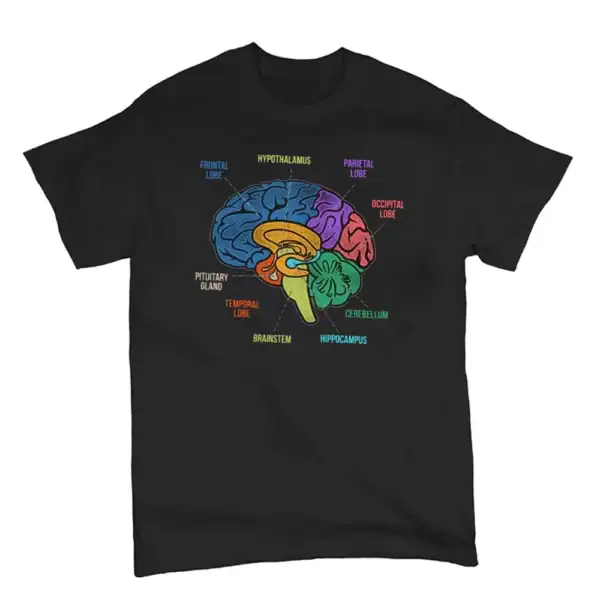 T-shirt noir avec illustration colorée du cerveau humain montrant différentes zones cérébrales telles que le cortex, l'hippocampe, le cervelet et le thalamus.