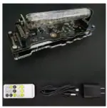 Panneau de contrôle électronique avec affichage numérique, télécommande, câble USB et adaptateur secteur pour expériences scientifiques.