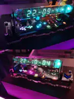Horloge numérique LED avec affichage en temps réel, intégrée dans un circuit électronique, illuminée de couleurs vives, idéale pour décoration scientifique ou technologique.